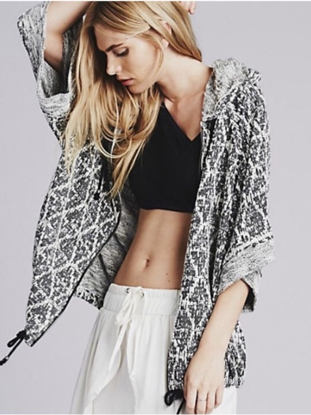 Free People Santa Fe Kimono Hoodie 3/4 Sleeve Full Zip Jacket Black Oversized S